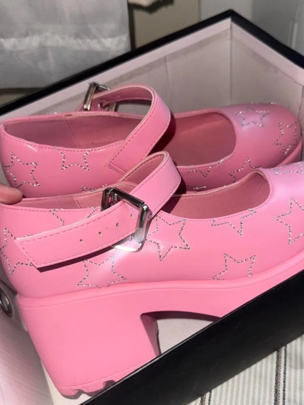 Demonia Pink Star-Studded Mary Jane Platform Shoes